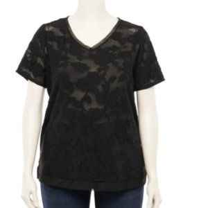 EVRI Floral Textured Tee Plus Size 1X V-Neck Mineral Black NWT